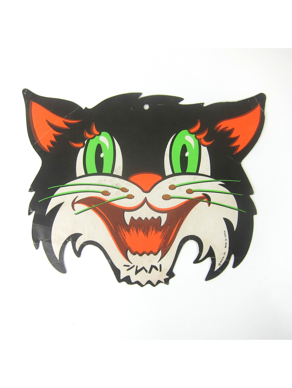 Vintage Beistle Halloween Die Cut Black Cat Face Green Eyes Orange & White 1970s